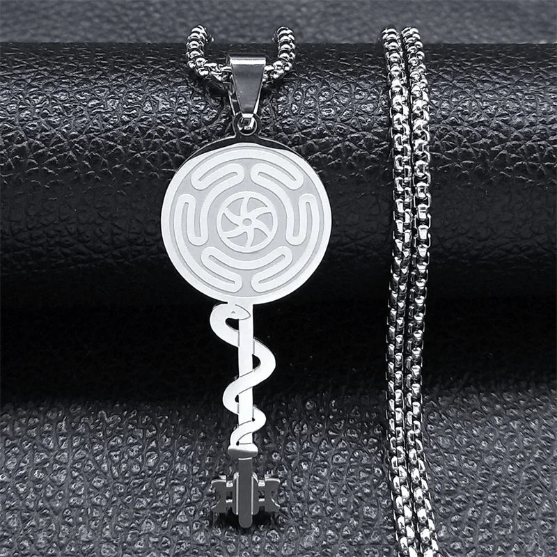 Collar Colgante Rueda de Hécate Strophalos Brujería Wicca plata 50 cm