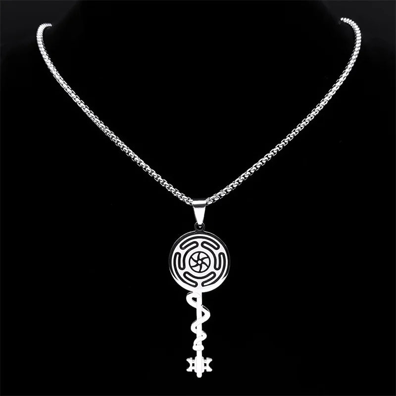 Collar Colgante Rueda de Hécate Strophalos Brujería Wicca plata 50 cm