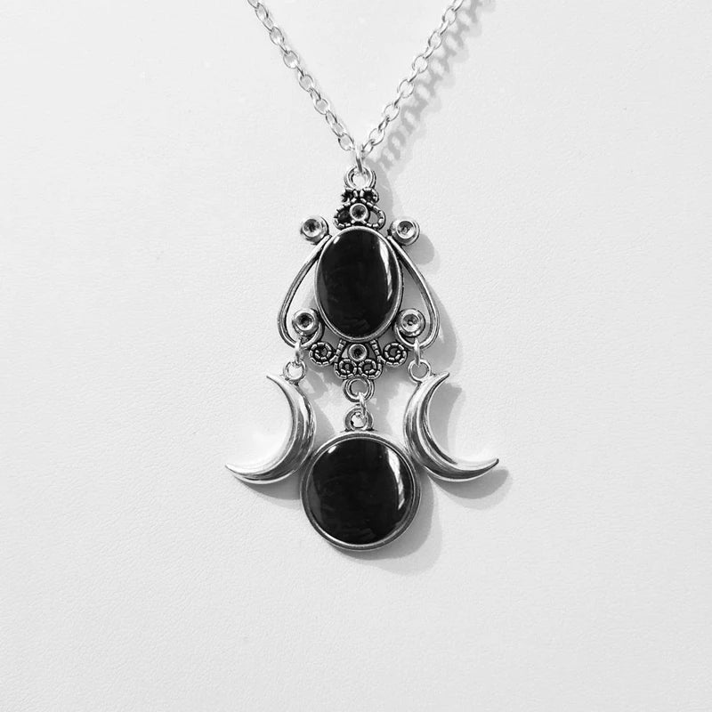 Collar Colgante Triple Luna Brujería Wicca Mujer negro