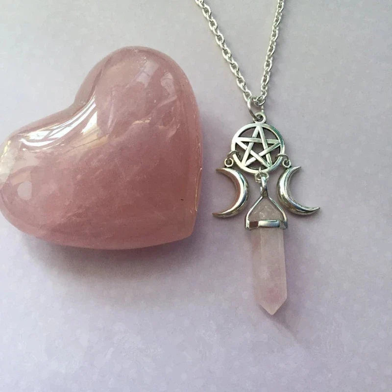 Collar Colgante Triple Luna Hechicería Wicca Mujer Pentáculo blanco