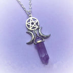 Collar Colgante Triple Luna Hechicería Wicca Mujer Pentáculo violeta