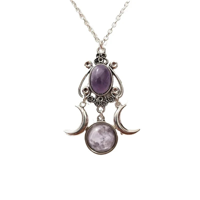 Collar Colgante Triple Luna Brujería Wicca Mujer violeta