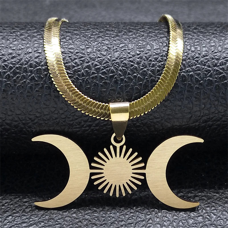 Collar Colgante Triple Luna Brujería Wicca oro