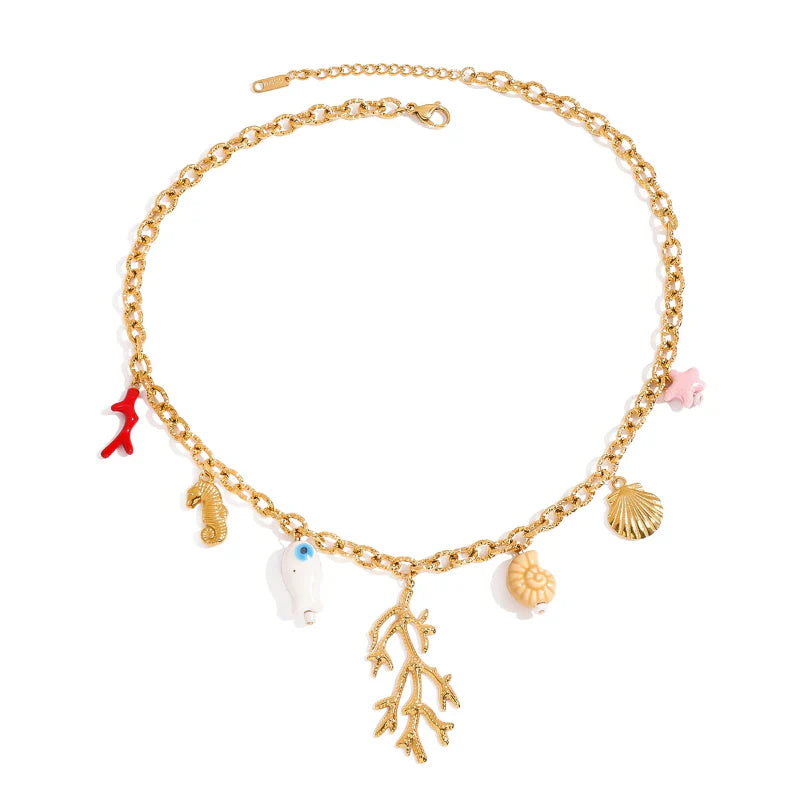 Collar Gargantilla con Colgantes de Coral y Conchas para Mujer