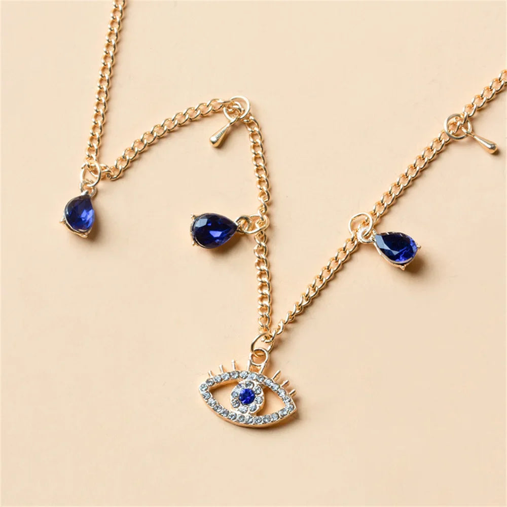 Collar Gargantilla con Colgante Ojo Turco Azul Mala Suerte con Strass y Perlas oro