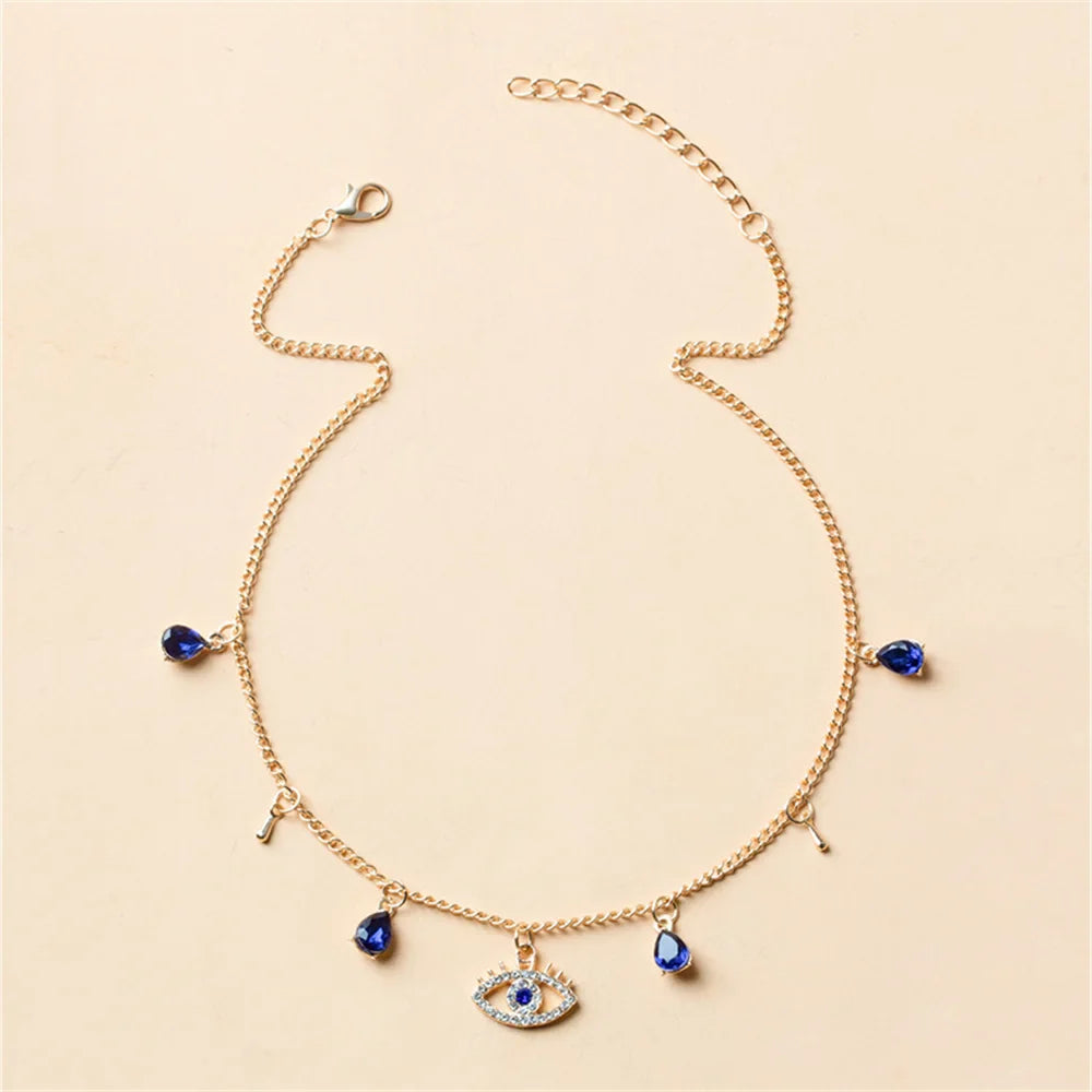 Collar Gargantilla con Colgante Ojo Turco Azul Mala Suerte con Strass y Perlas oro