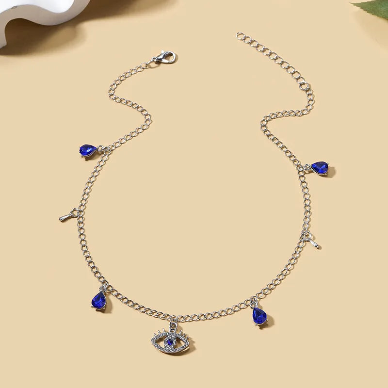 Collar Gargantilla con Colgante Ojo Turco Azul Mala Suerte con Strass y Perlas plata