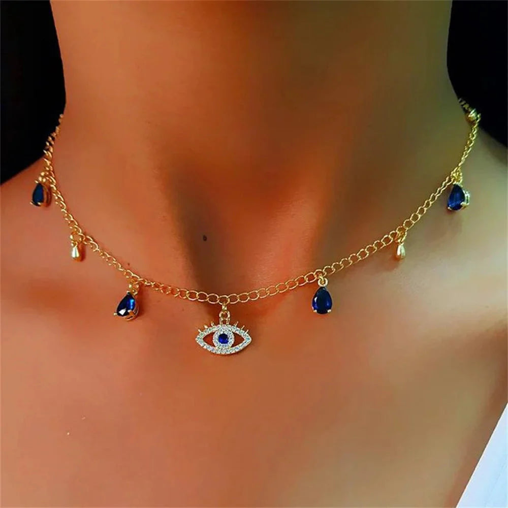 Collar Gargantilla con Colgante Ojo Turco Azul Mala Suerte con Strass y Perlas oro