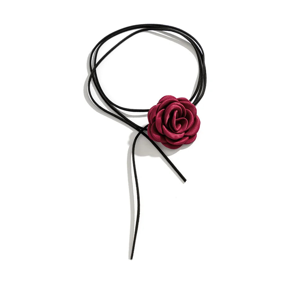 Collar Gargantilla Elegante Colgante Gran Flor de Rosa burdeos