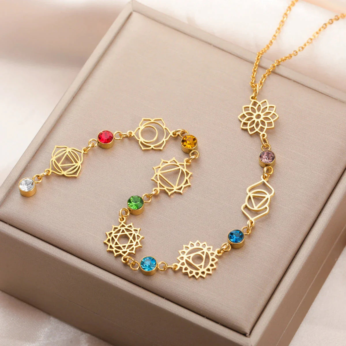 Collar Gargantilla con Colgante de Piedras de Circón 7 Chakras oro