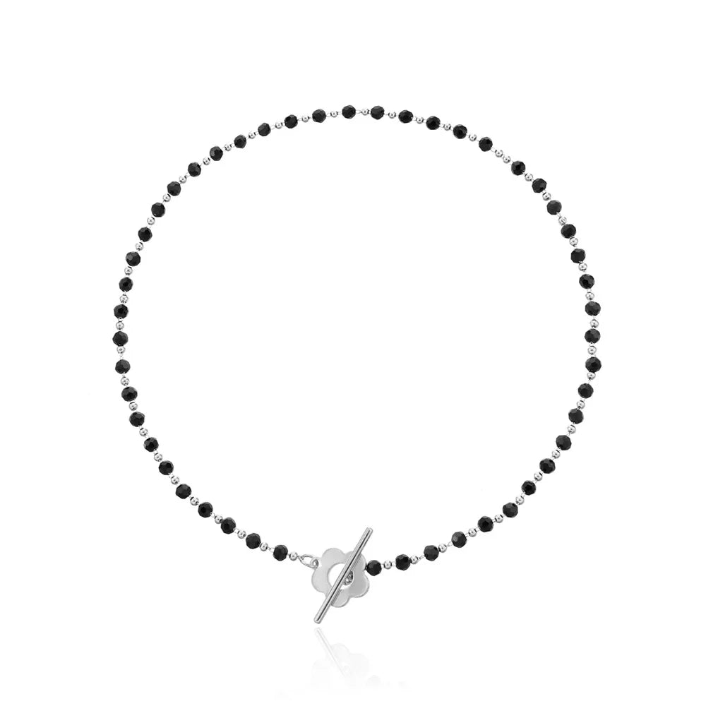 Collar Gargantilla Colgante Flor negra y plata