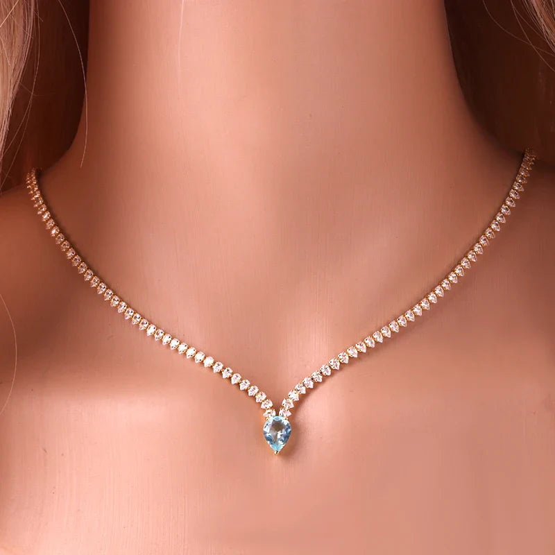 Encantador Collar Gargantilla con Colgante de Gota de Agua y Circonia en plata y azul