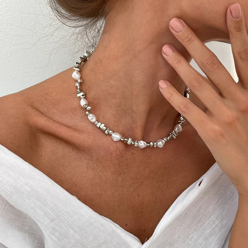 Collar Gargantilla con Colgantes de Perlas para Mujer plata