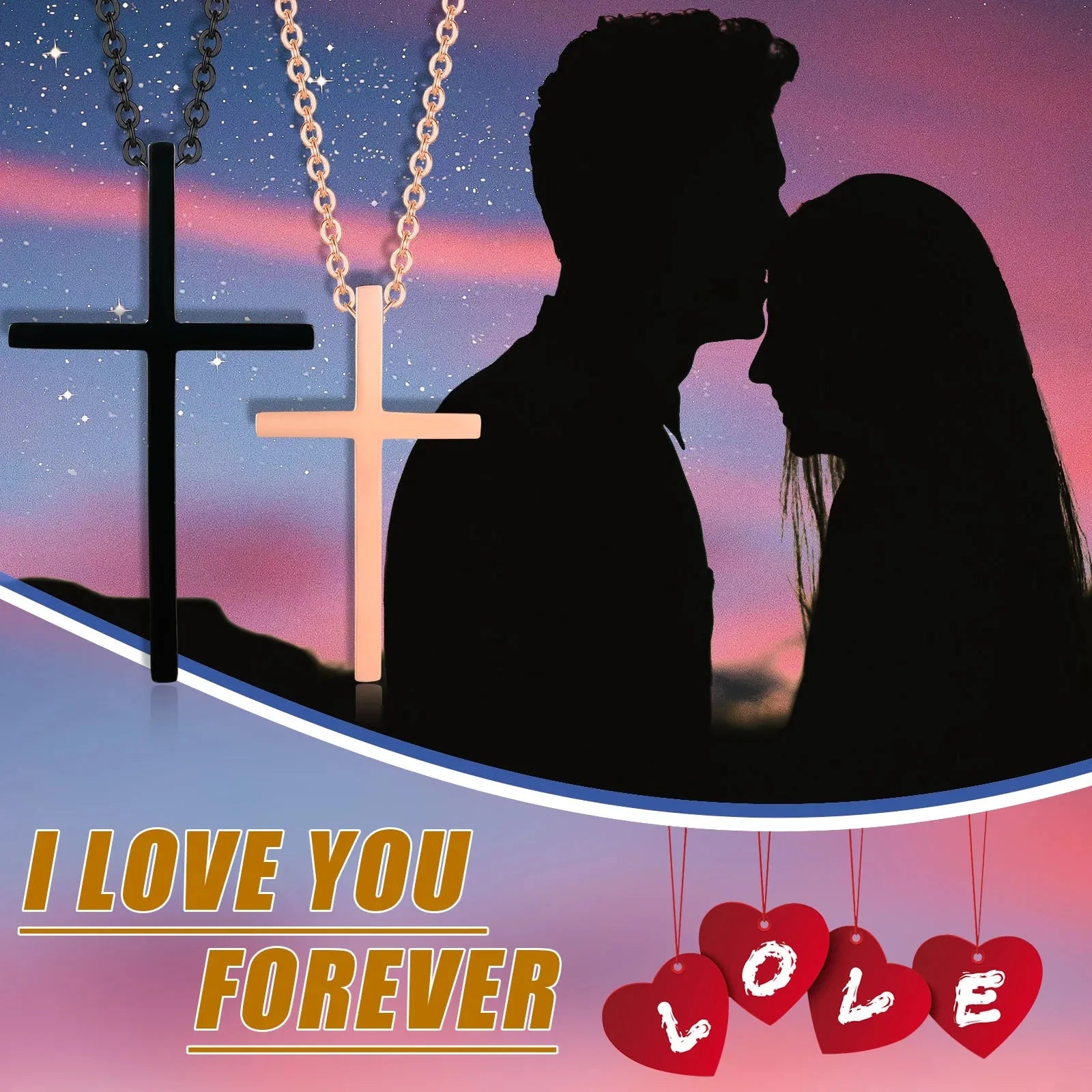 Collares para Parejas Colgante Cruz Negra y Oro Rosa