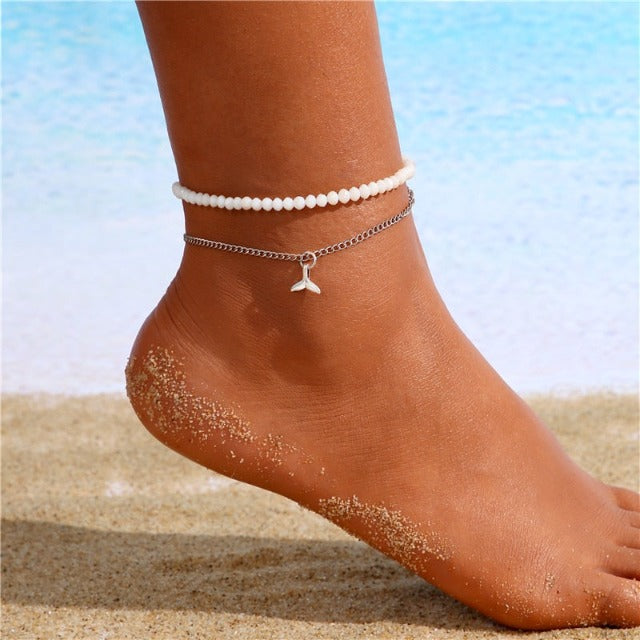 Pulsera Doble de Tobillo con Perlas para Mujer Joyas