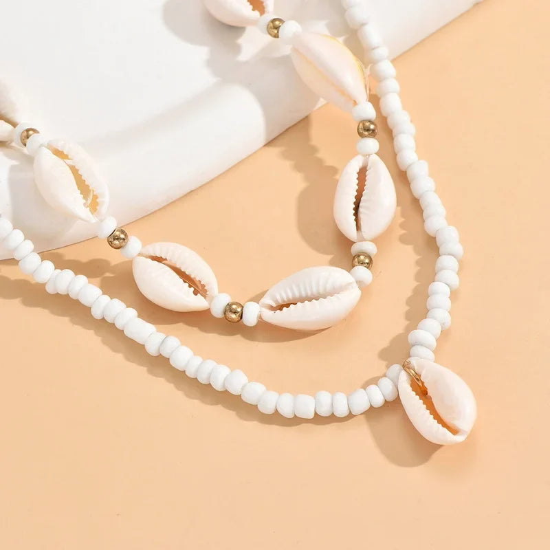 Doble collar de concha cauri blanco