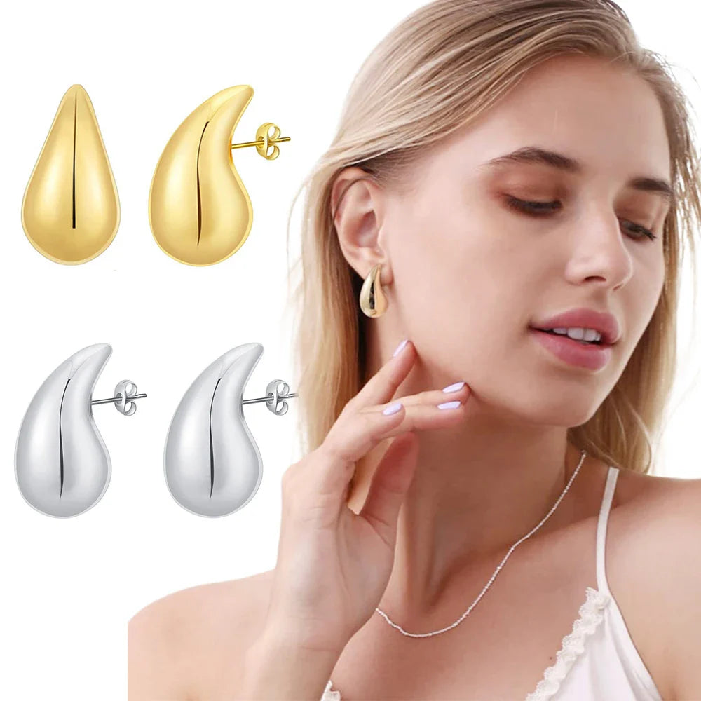 Aretes de Botón Gota Grande de Agua en Plata
