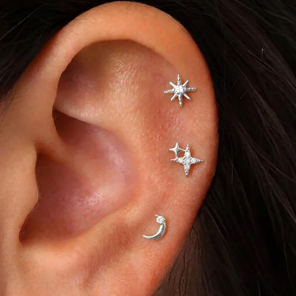 Pendientes Clavo Luna Creciente y Estrellas