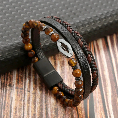 Pulsera para Hombre con Ojo de Tigre en Cuero marrón y metal