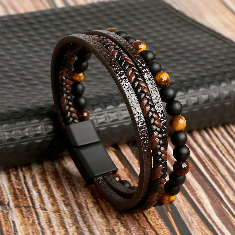 Pulsera para Hombre con Ojo de Tigre en Cuero marrón y negro