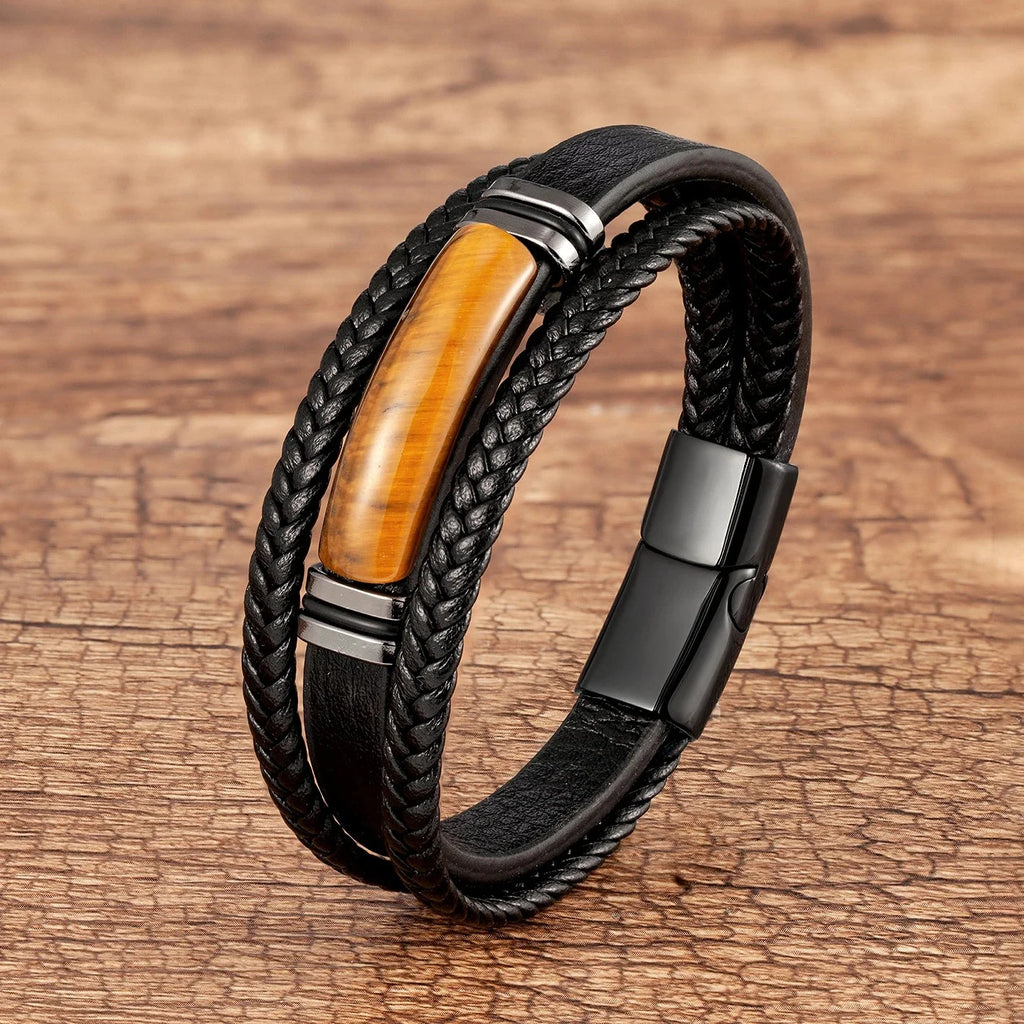 Pulsera Gourmette de Cuero para Hombre con Ojo de Tigre