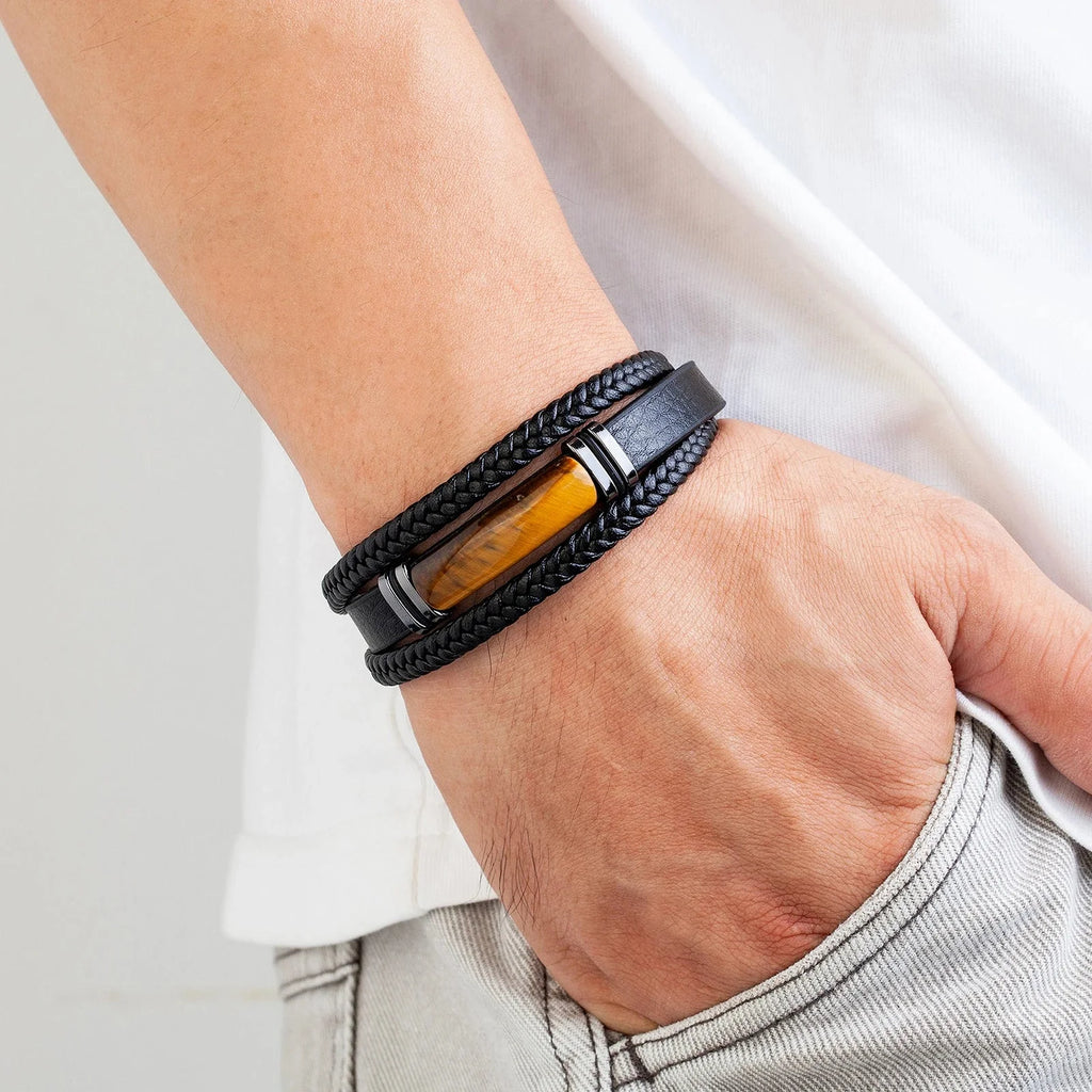 Pulsera Gourmette de Cuero para Hombre con Ojo de Tigre