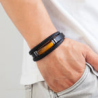 Pulsera Gourmette de Cuero para Hombre con Ojo de Tigre