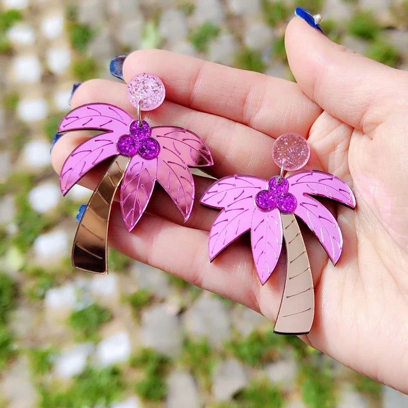 Aretes grandes coloridas de palma rosa