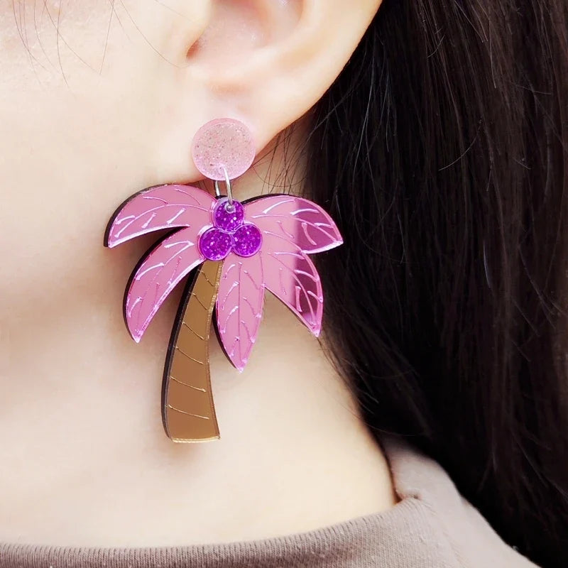 Aretes grandes coloridas de palma rosa