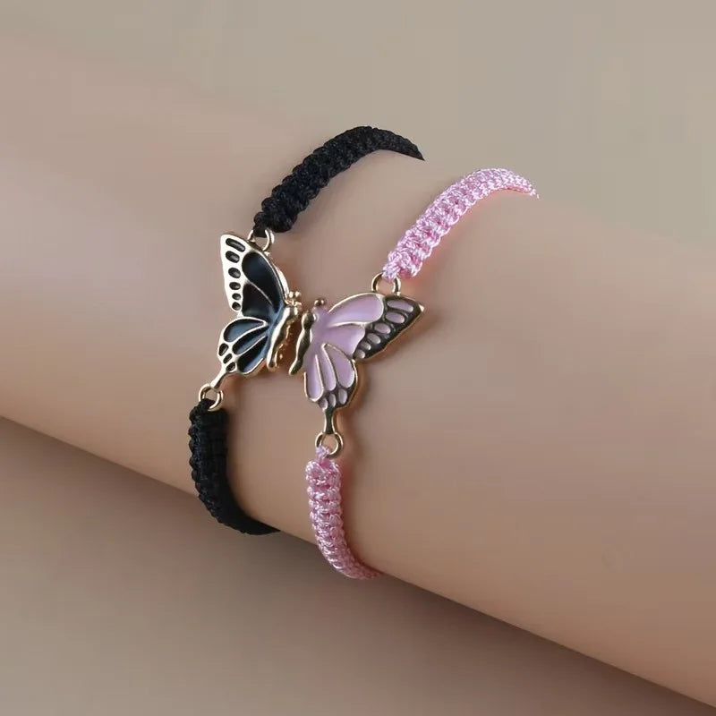 Juego de 2 Pulseras Ala de Mariposa para Mejores Amigos negro y rosa