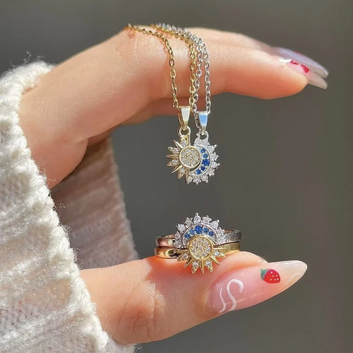 Juego de 2 Collares con Colgante de Luna o Sol en Circonio para Pareja en oro y plata