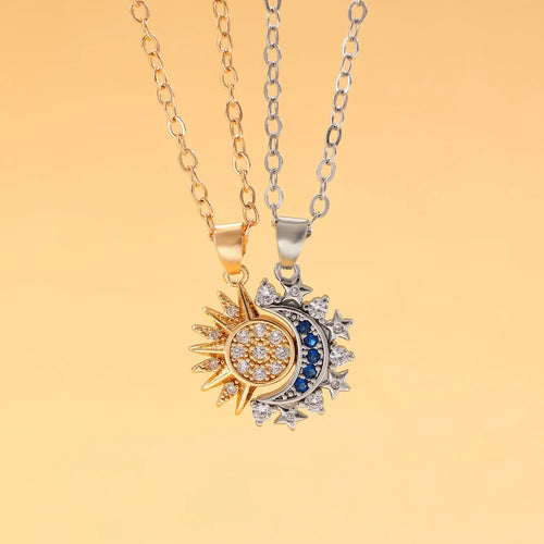 Juego de 2 Collares con Colgante de Luna o Sol en Circonio para Pareja en oro y plata