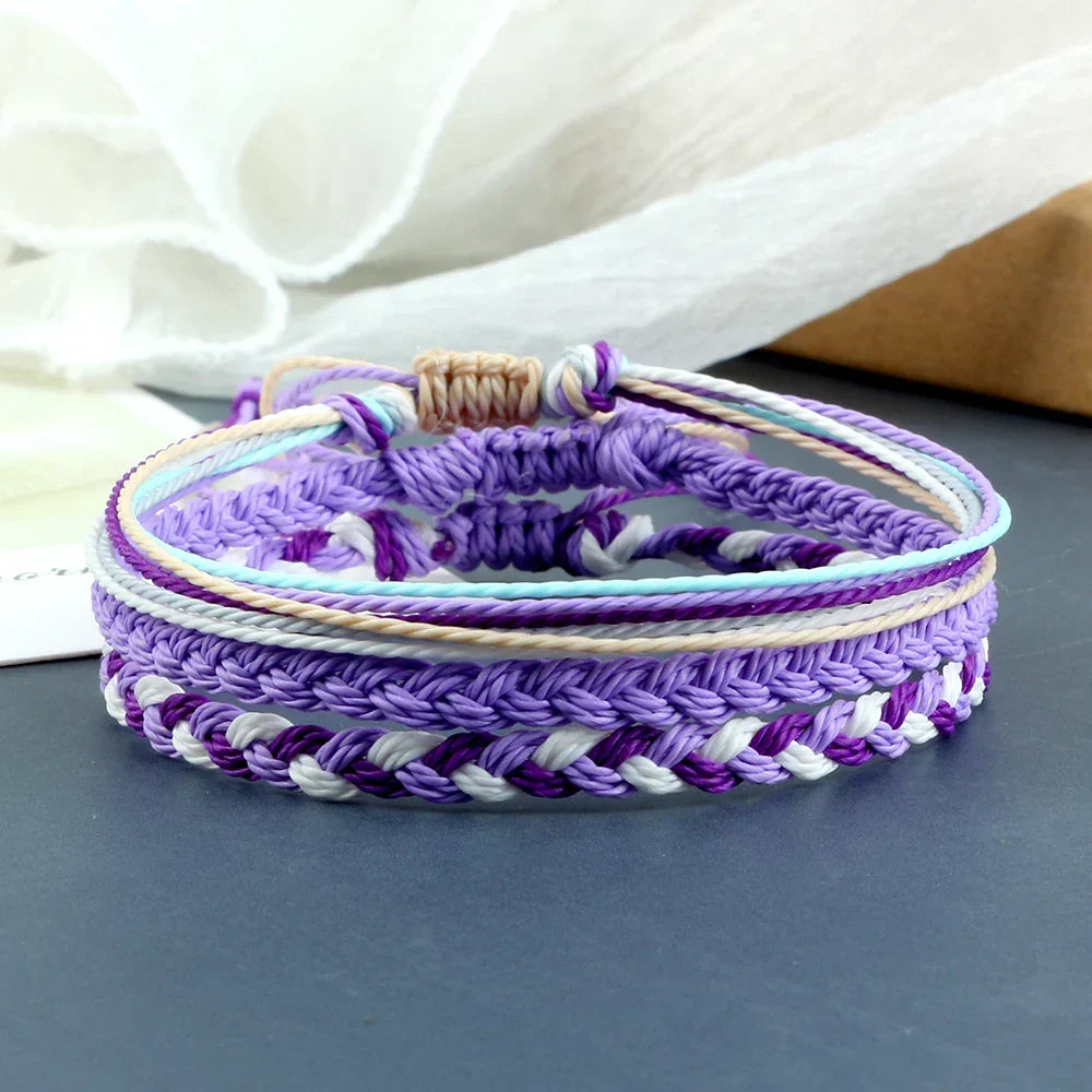 Juego de 3 pulseras brasileñas trenzadas impermeables moradas