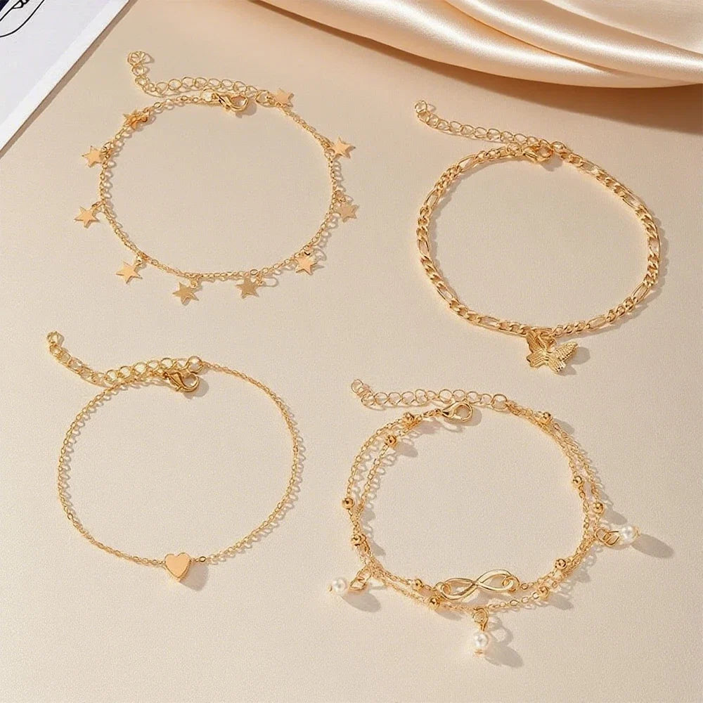 Set de 5 tobilleras estrella, infinito, mariposa, perlas y corazón