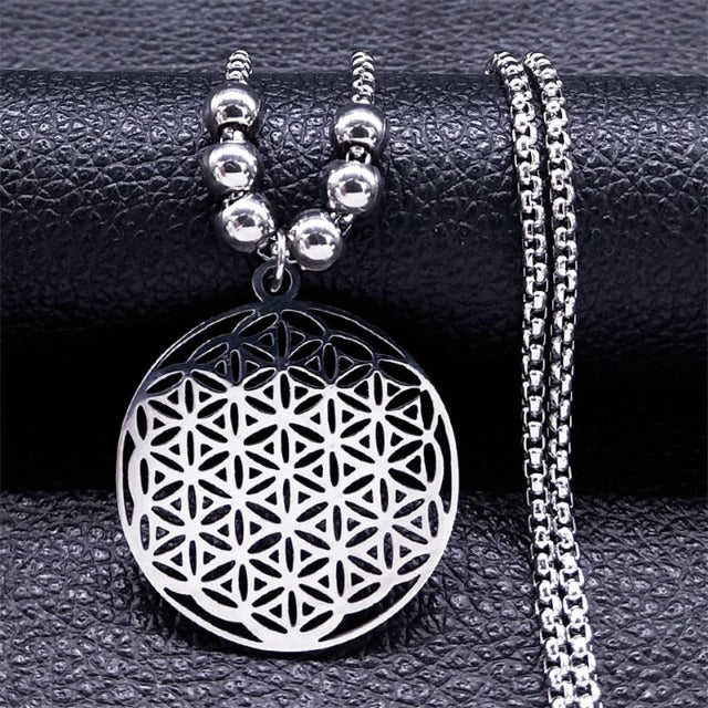 Colgante Flor de la Vida Collar de Perlas Mandala Hombre Mujer Dawapara plata