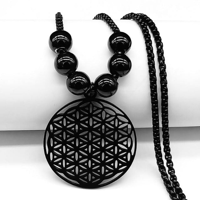 Colgante Flor de la Vida Collar de Perlas Mandala Hombre Mujer Dawapara negro