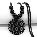 Colgante Flor de la Vida Collar de Perlas Mandala Hombre Mujer Dawapara negro