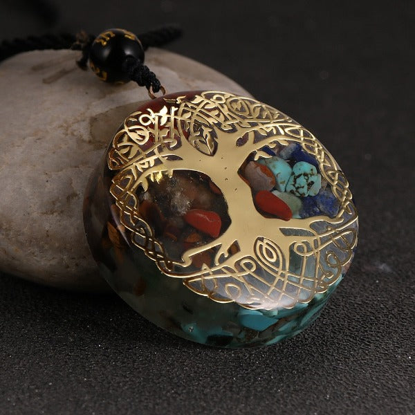 Colgante de Piedra Orgonita & Collar para Hombre y Mujer Protección Meditación árbol de la vida oro