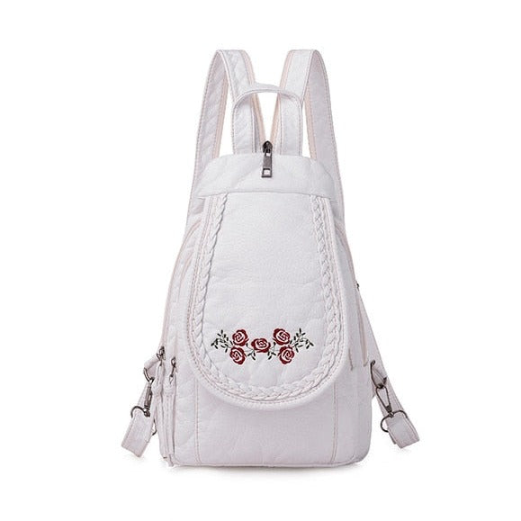 Pequeña Mochila de Cuero de Viaje para Mujer Flor blanca