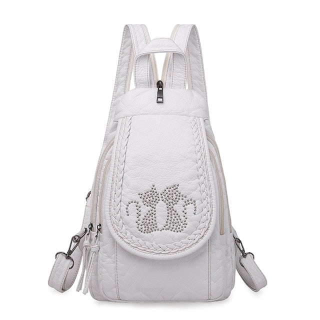 Mochila de cuero con diseño de gato para mujer, adorable y blanca