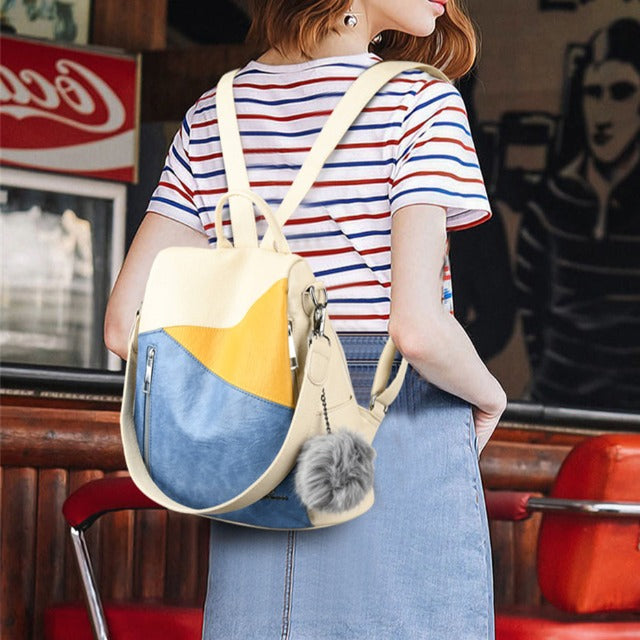 Mochila de Cuero para Mujer Tricolor Azul Bandolera