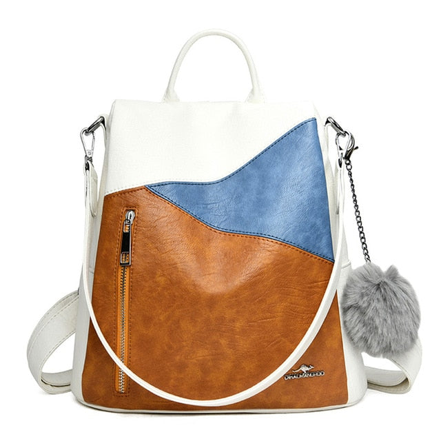 Mochila de cuero para mujer tricolor marrón con bandolera