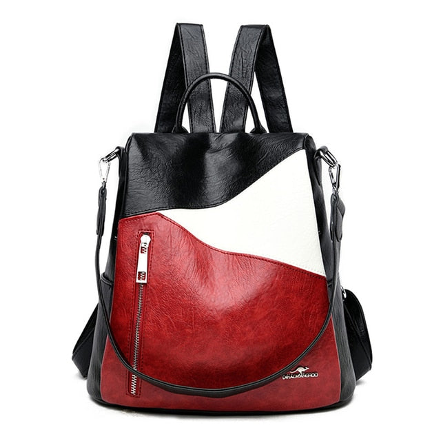 Mochila de cuero para mujer tricolor roja con bandolera