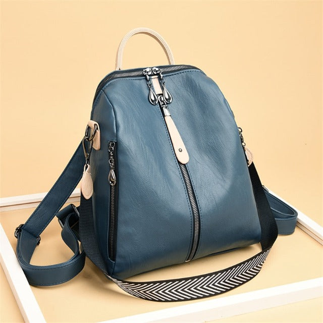 Mochila de Cuero Estilo Cartable para Mujer en Azul
