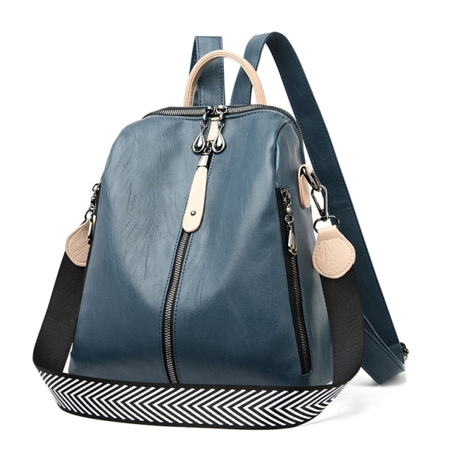 Mochila De Cuero Cartable Mujer Azul