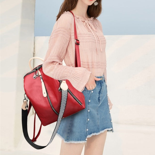 Mochila De Cuero Cartable Mujer Roja