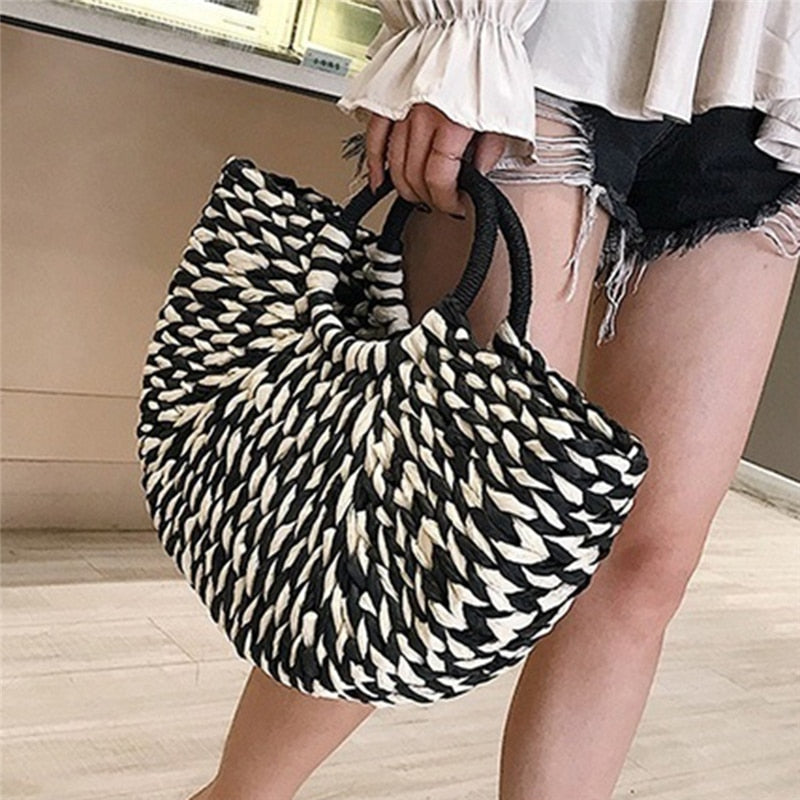 Bolso Tote de Ratán Negro y Blanco