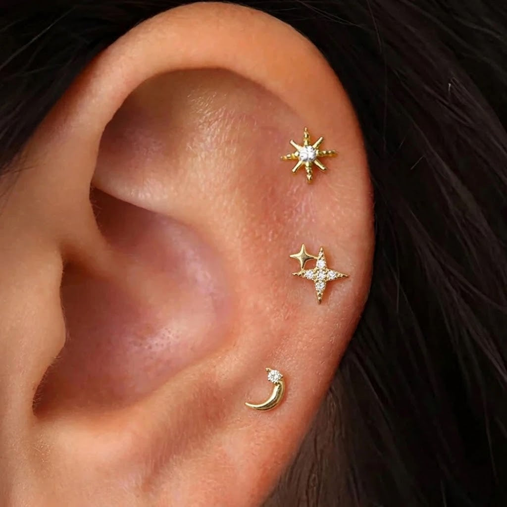 Pendientes Clavo Luna Creciente y Estrellas